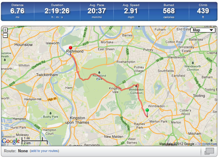 map of route across Wimbledon Common and Richmond Park