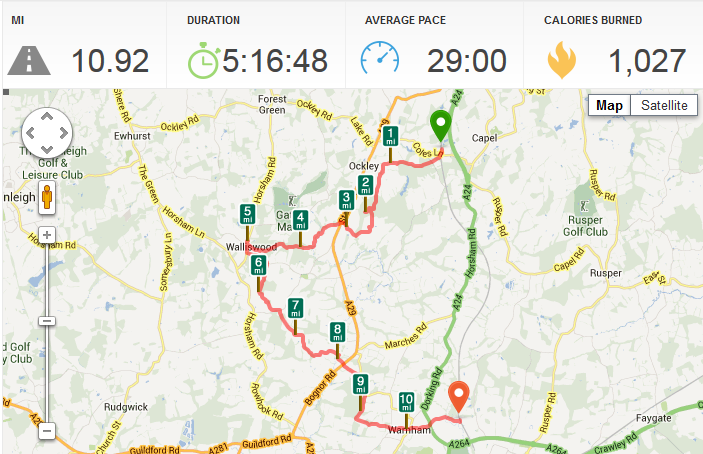 map of route from Ockley to Warnham