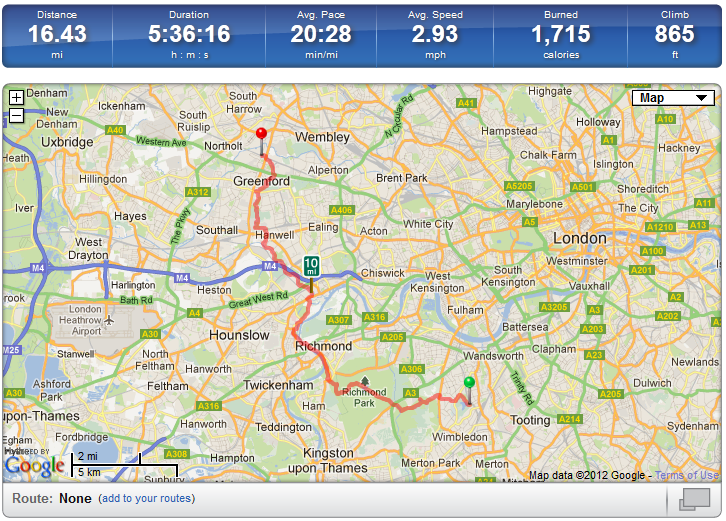 map of route round the capital ring from Wimbledon to Greenford